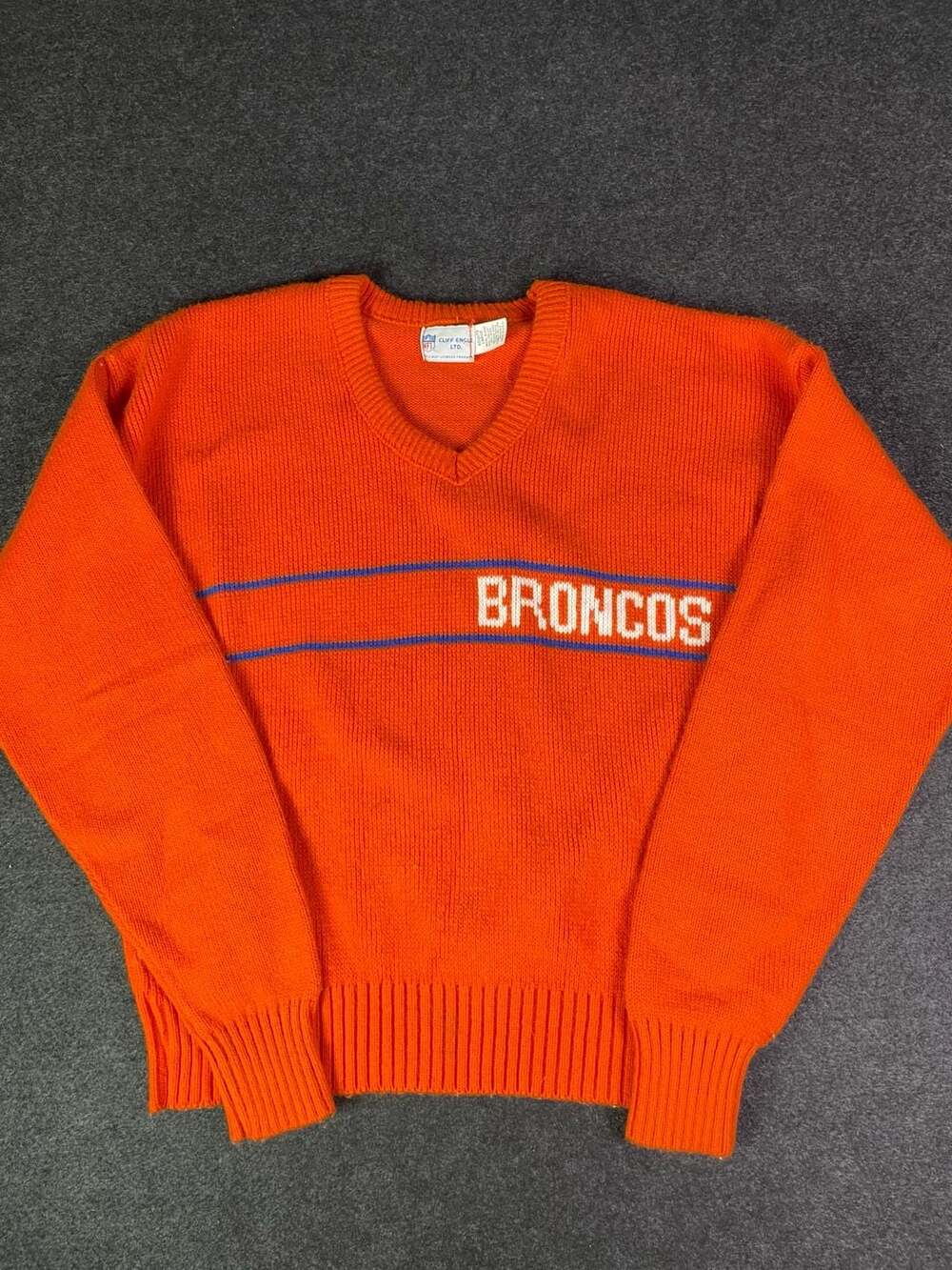 Vintage Cliff Engle Denver Broncos V-Neck Sweater Large Orange NFL